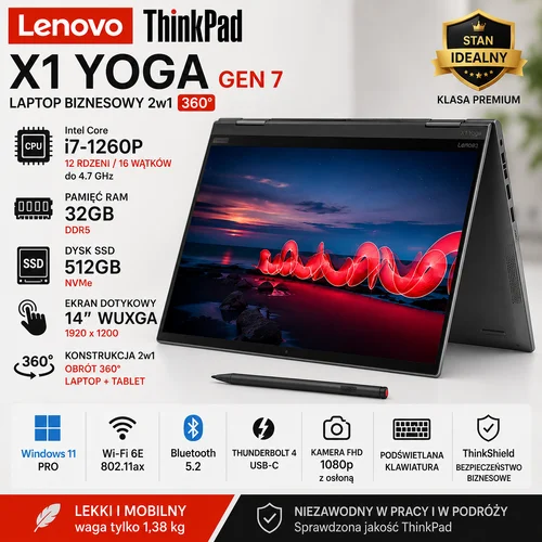 Lenovo ThinkPad X1 Yoga Gen 7 i7-1260P 32GB 512GB SSD Dotyk 360° W11 Pro