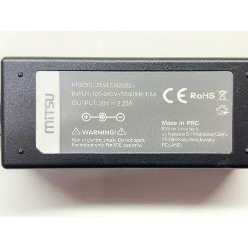 ZASILACZ DO LAPTOPA LENOVO MITSU ZM/LEN20225 20V 2.25A - zdjęcie 1